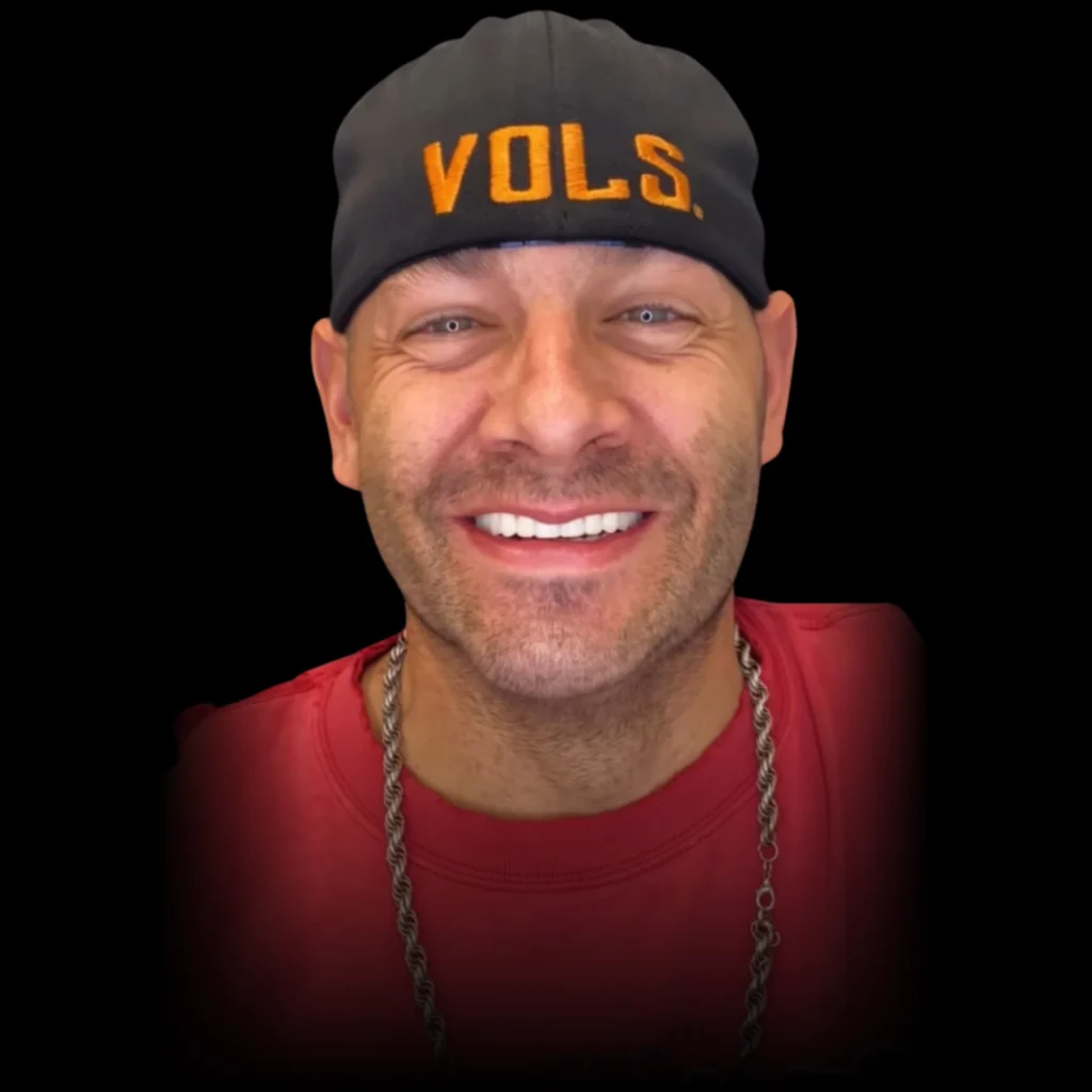 Patient smiling after all on 4 dental implants at PRACTICENAME